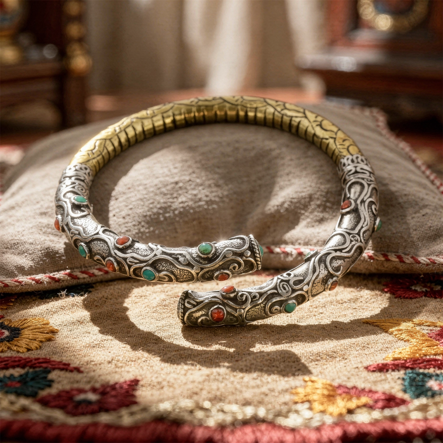Silver Asht Dhatu Bracelet from Nepal &ndash; Handcrafted with Turquoise and Coral