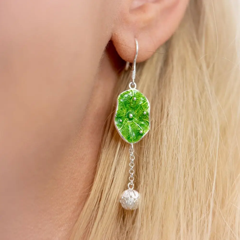 Green leaf silver Miao earrings