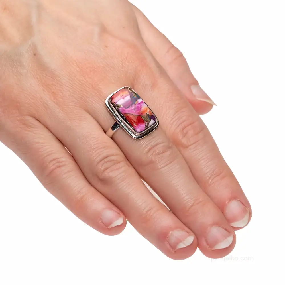 Sterling silver ring with spiny oyster shell mosaic