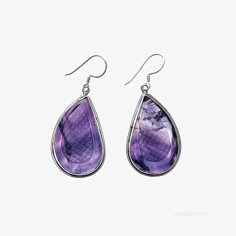 Purple teardrop-shaped silver earrings with fluorite