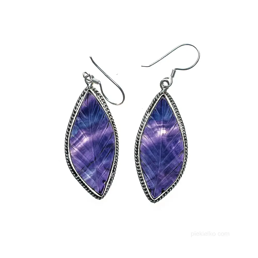Silver earrings with carved fluorite in the shape of a leaf