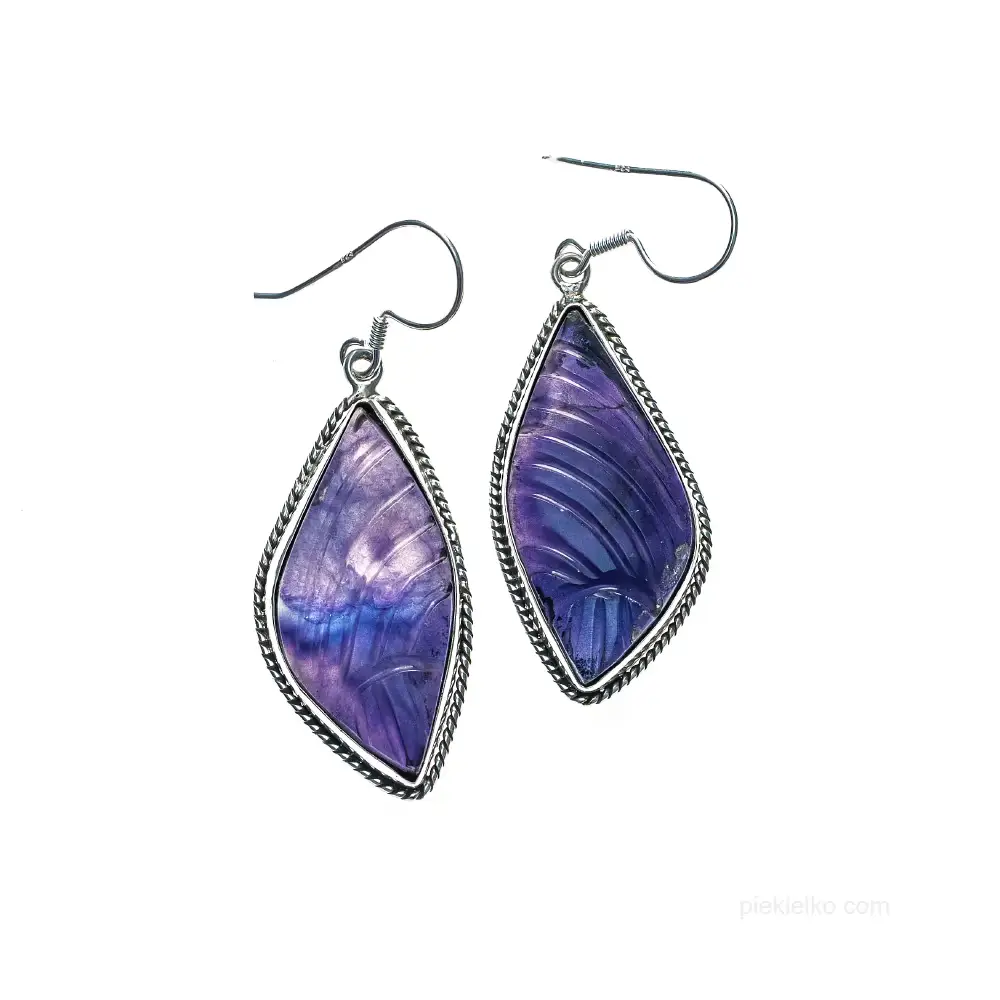 Silver earrings with fluorite carved in an organic form