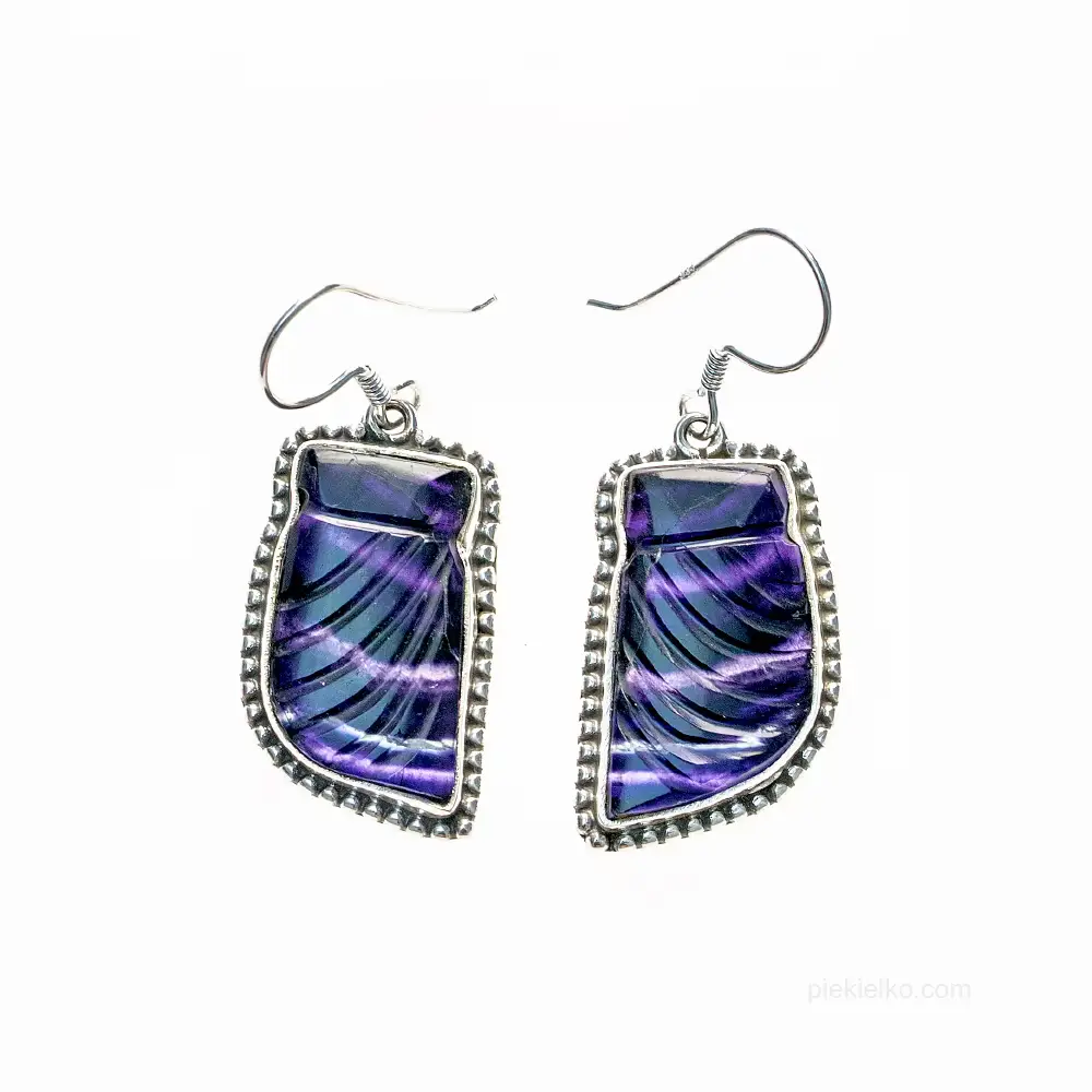 Silver earrings with carved fluorite in cool shades