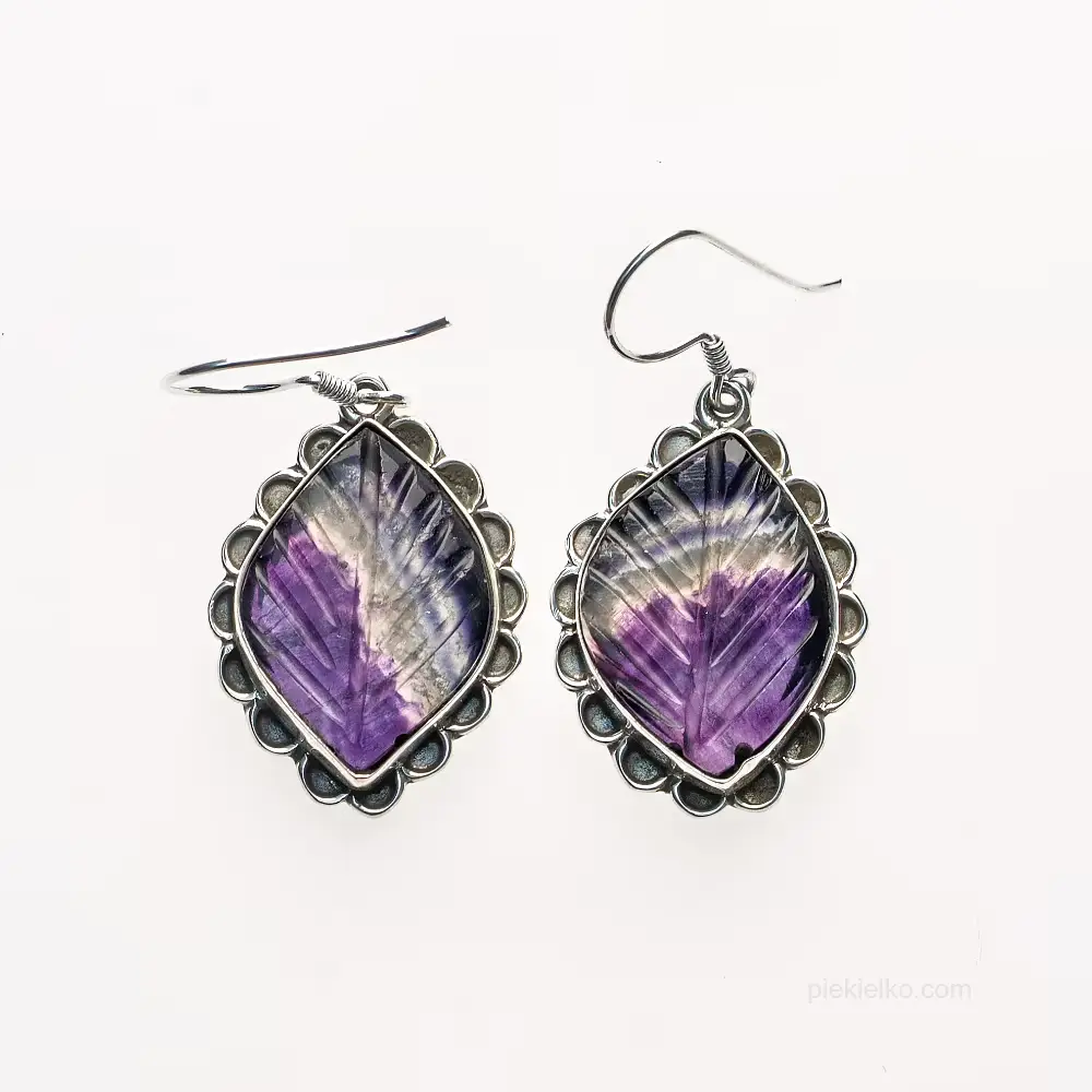 Purple earrings with fluorite in a decorative silver frame
