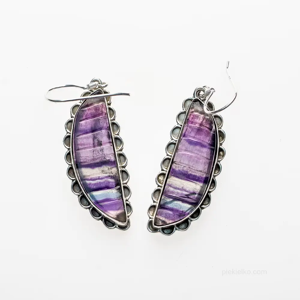 Silver earrings with carved fluorite in the form of a crescent