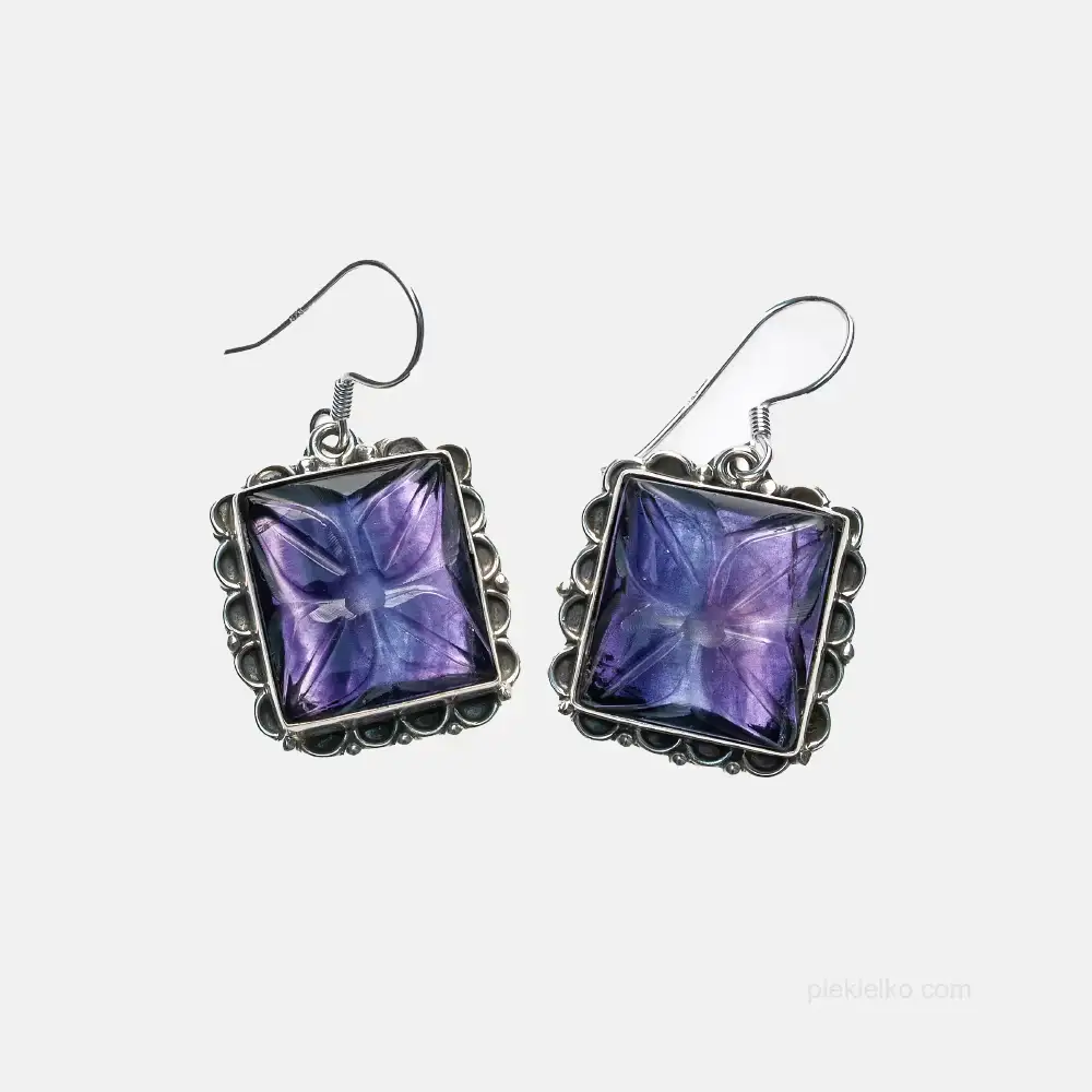 Square earrings with carved fluorite - silver setting
