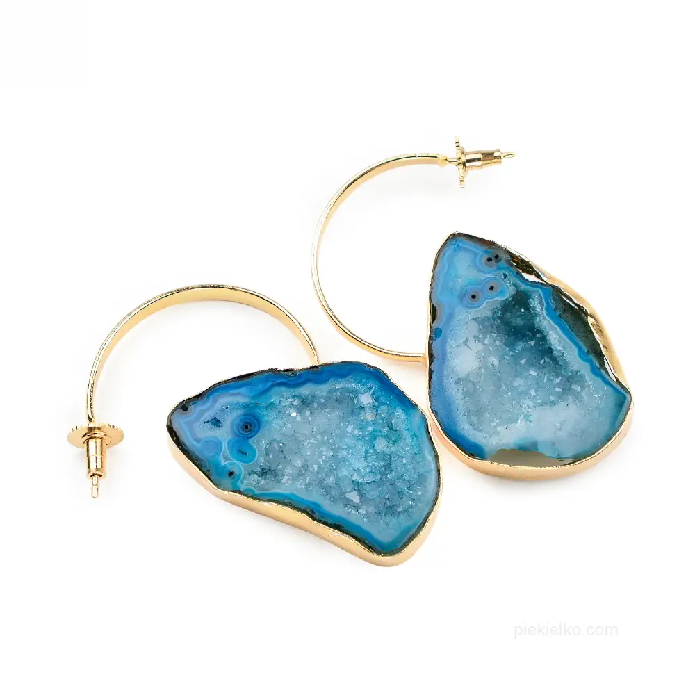 Blue Agate and Gold-Plated Circle Earrings