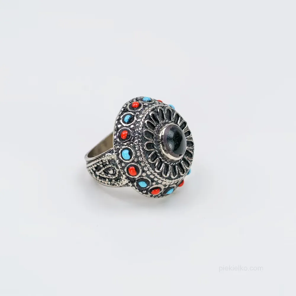 Pakistani Black Agate and Turquoise Mosaic Ring