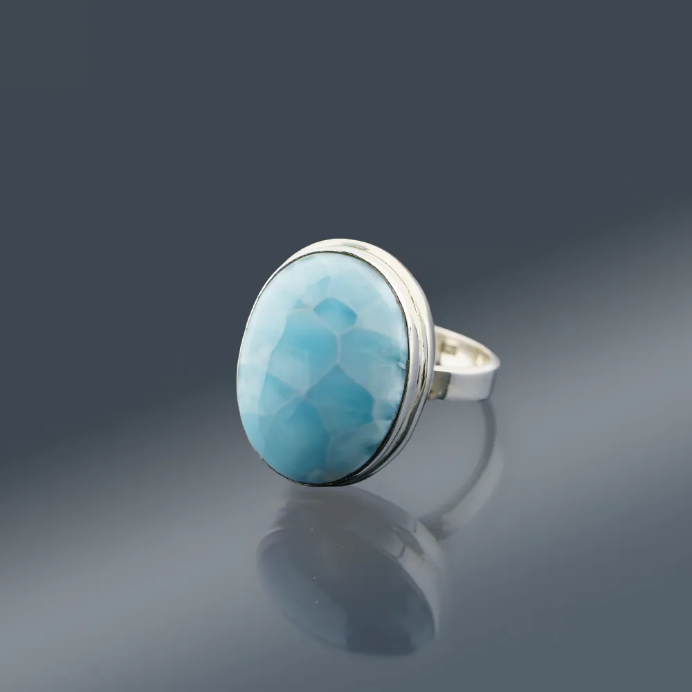 Srebrny Pierścionek z Larimarem &ndash; Naturalny Larimar Kaboszon 925