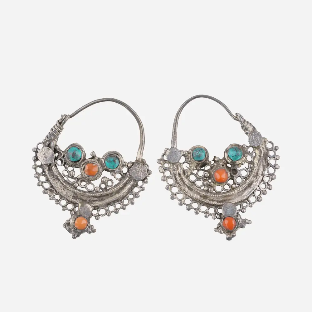 Silver crescents with turquoise and orange glass