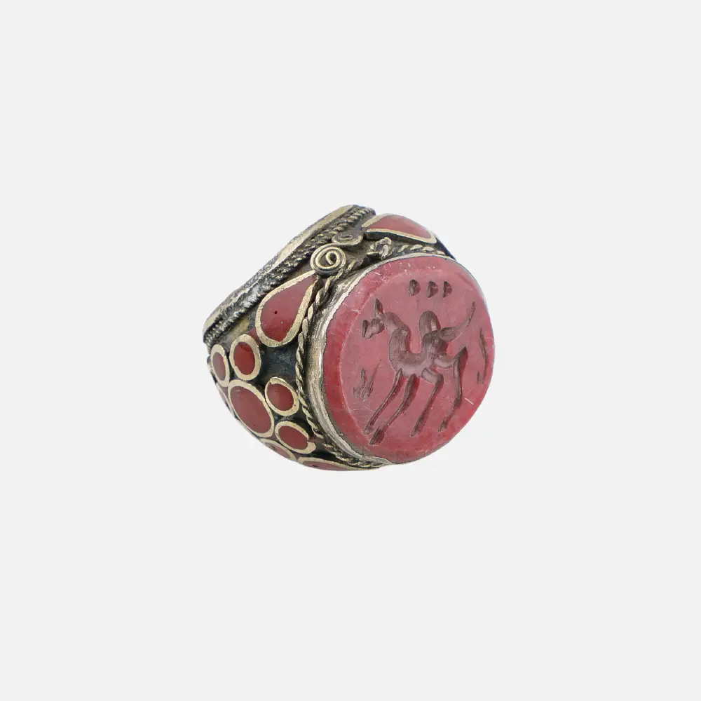 Heavy brass red Afghan signet ring with carving